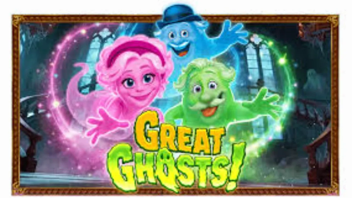 Tampilan visual slot Great Ghosts dengan tema rumah hantu kartun