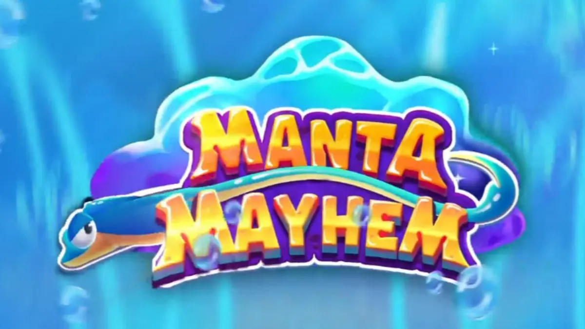 Tampilan visual slot Manta Mayhem dengan latar belakang terumbu karang dan ikan pari biru.