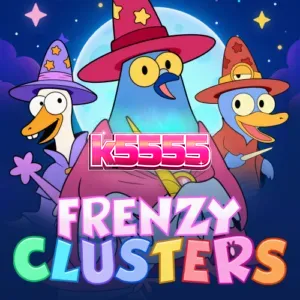 Tampilan antarmuka slot Frenzy Clusters dengan grid 7x7 yang penuh warna.